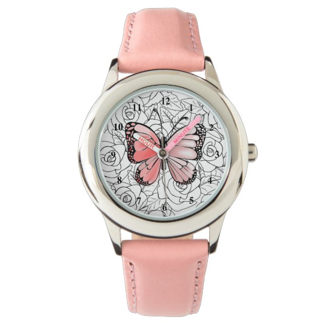 Reloj De Pulsera Vigilancia de mariposas rosadas con Rosas (Anverso)