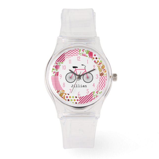 Reloj De Pulsera Vigilancia del patrón de patcheo y bicicleta rosa (Anverso)