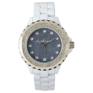 Reloj De Pulsera Vigilancia personalizada de denim y diamantes