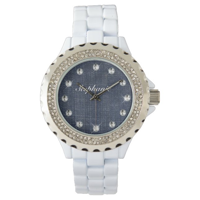 Reloj De Pulsera Vigilancia personalizada de denim y diamantes (Anverso)