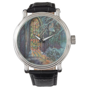 Reloj De Pulsera Vintage Christmas Church con ventana de vidrio man