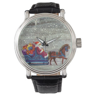 Reloj De Pulsera Vintage Christmas, Santa Claus Horse Open Sleigh