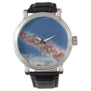 Reloj De Pulsera Vintage Christmas, Santa Flying Sleigh w Reindeer