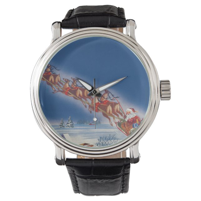 Reloj De Pulsera Vintage Christmas, Santa Flying Sleigh w Reindeer (Anverso)