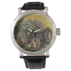 Reloj De Pulsera Vintage Green Tractor Rustic Old Barn