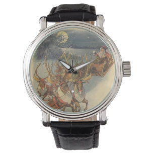 Reloj De Pulsera Vintage Navidad Santa Claus Sleigh con renos