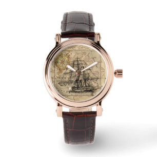 Reloj De Pulsera Vintage Vailing Ship and Old European Map