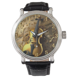 Reloj De Pulsera Violin De Oro Vintage Sobre Cables Musicales De Or