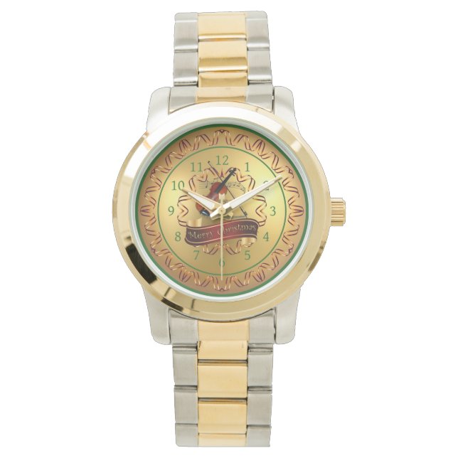 Reloj De Pulsera Violin ~ Musical Scroll ~ Oro "Feliz Navidad" (Anverso)