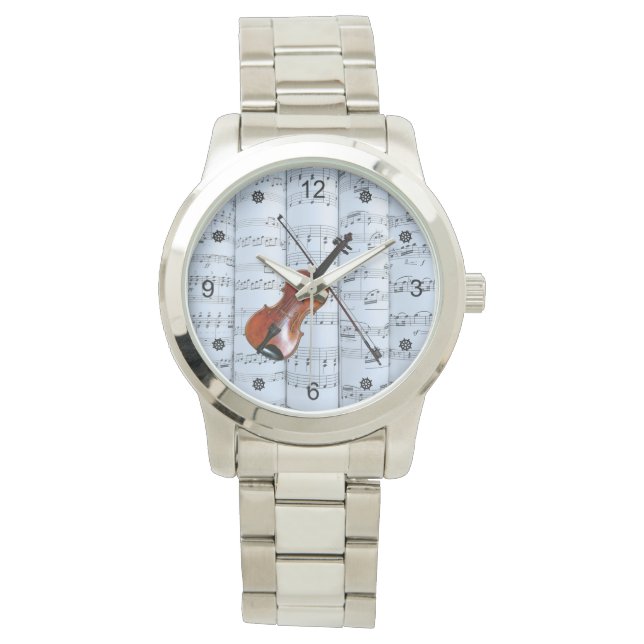 Reloj De Pulsera Violin ~ Rolling Sheet Music ~ Blue Tint Backgroun (Anverso)