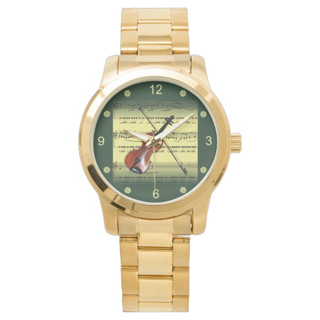 Reloj De Pulsera Violin~Rolling Sheet Music~Gold/Green Background~ (Anverso)