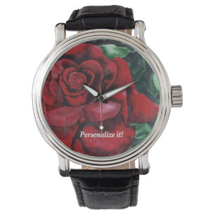 Reloj De Pulsera Vivid Red Rose sobre el fondo verde y frondoso