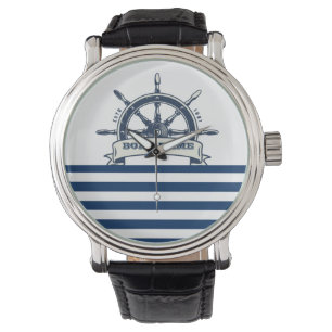 Reloj De Pulsera Volante de Barco Náutico, Rayas Blancas Azul Marin