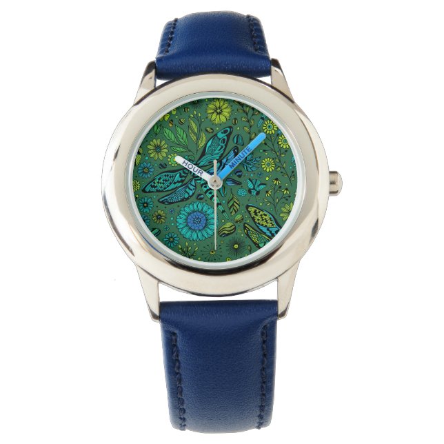 Reloj De Pulsera Volar, volar libélula sobre verde esmeralda (Anverso)