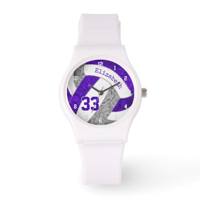 Reloj De Pulsera voleibol deportivo de personalizado gris y violeta (Anverso)