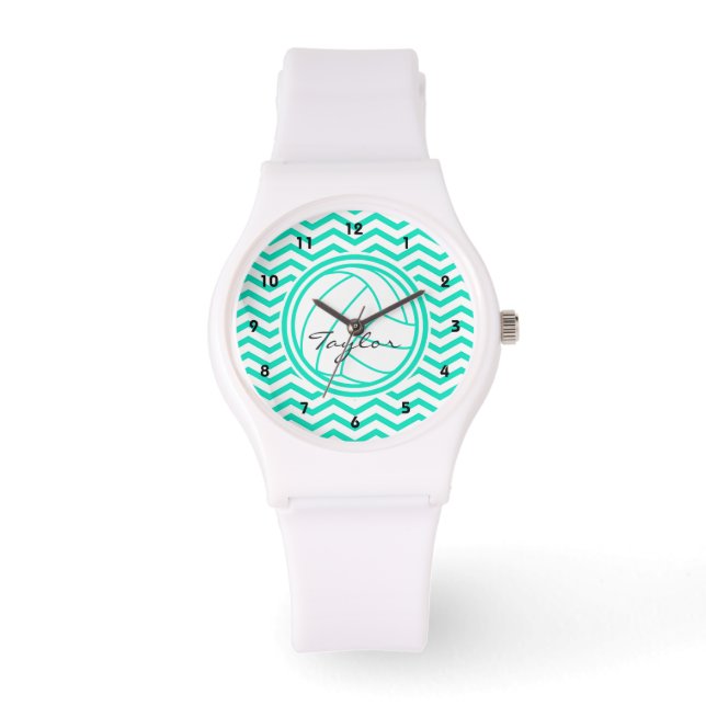 Reloj De Pulsera Voleibol personalizado; Aqua Green Chevron (Anverso)