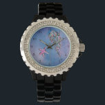 Reloj De Pulsera *~* Watercolor Beach Sea Jelly Fish Star Fish Moda<br><div class="desc">La estrella Fish Jelly Fish Gold Purpurina Purpurina Púrpura Purpurina azul en una playa como una espumosa y elegante acuarela abstracta azul con un fondo de magenta decoran la cara de este reloj de bonito. El reloj tiene una banda de esmalte negro y una cara rodeada de un pequeño diamante...</div>