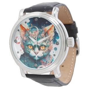 Reloj De Pulsera Watercolor cat en estilo steampunk