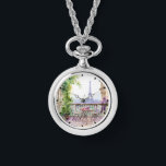 Reloj De Pulsera Watercolor Eiffel Tower Paris Café Francés<br><div class="desc">El Watercolour Eiffel Tower Paris French Cafe Watch Necklace cuenta con una zona de estar con una cafetera francesa de color acuático,  con París y la Torre Eiffel al fondo. Creado por Evco Studio www.zazzle.com/store/evcostudio</div>