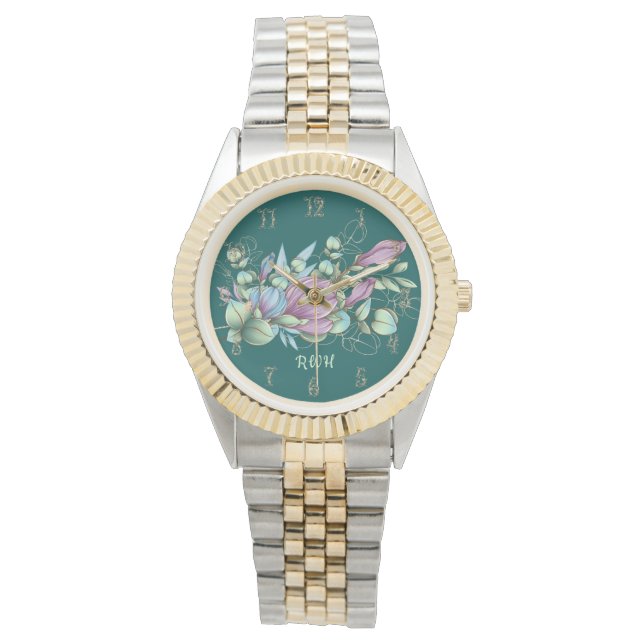 Reloj De Pulsera Watercolor Floral Monogramado Watch (Anverso)