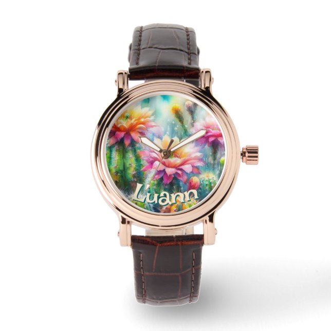 Reloj De Pulsera Watercolor Flowering Succulent Cacti Personalized (Anverso)