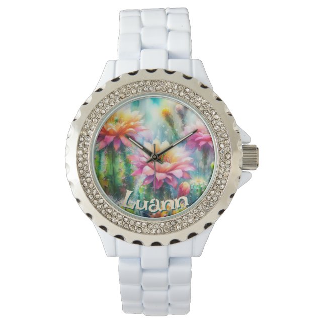 Reloj De Pulsera Watercolor Flowering Succulent Cacti Personalized (Anverso)