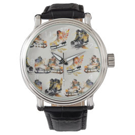 Reloj De Pulsera Watercolor Ice Skates with Autumn Leaves Pattern  