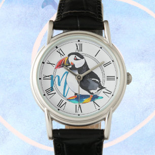 Reloj De Pulsera Watercolor Puffin Bird + Monogram Wildlife Animals