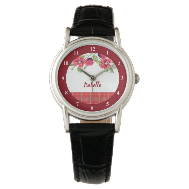 Reloj De Pulsera WatercolorRed Poppies Patrón Tartán Floral (Anverso)