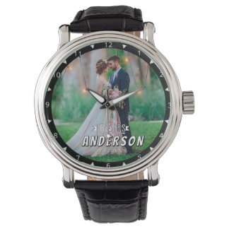 Reloj De Pulsera Wedding Photo Anniversary elegant script