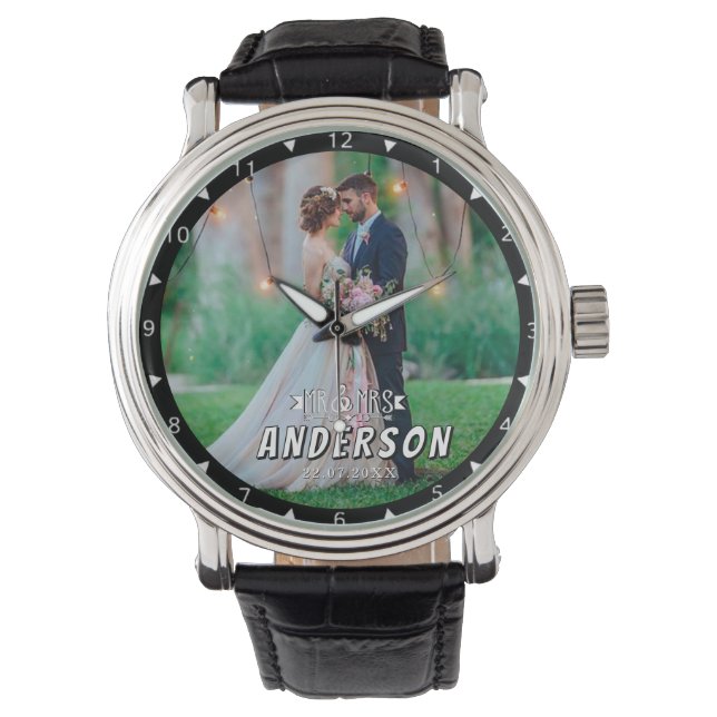 Reloj De Pulsera Wedding Photo Anniversary elegant  script (Anverso)