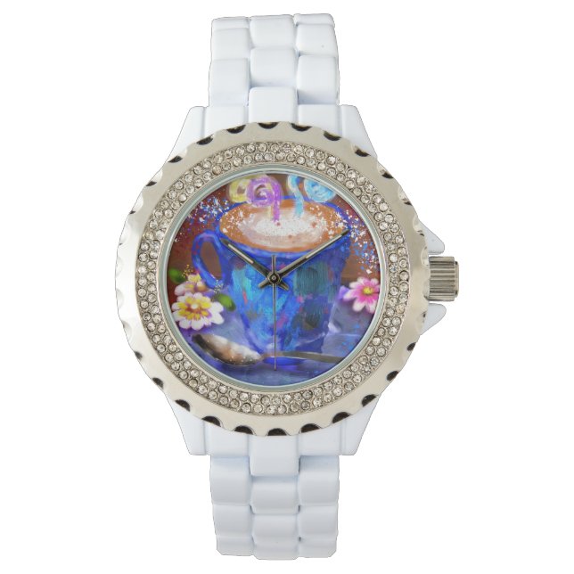 Reloj De Pulsera Whimsical Cup of Coffee Latte Espresso Brown Blue (Anverso)