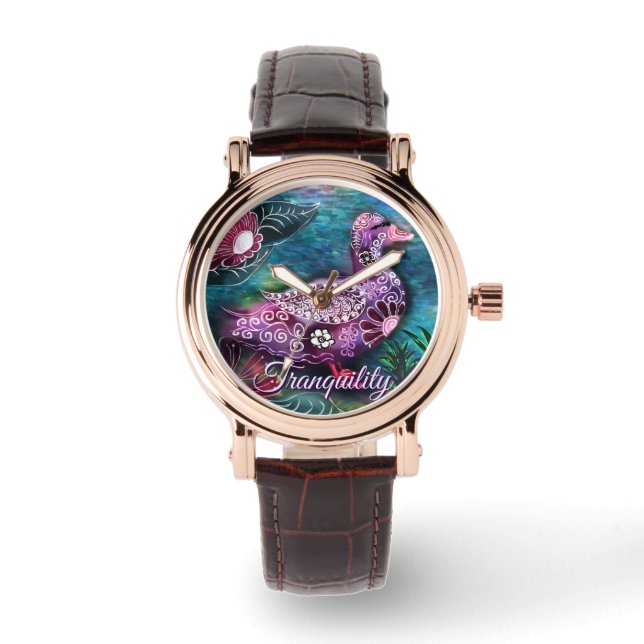 Reloj De Pulsera Whimsical Floral Duck Purple Teal Personalized (Anverso)