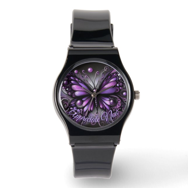 Reloj De Pulsera Whimsical Gothic Butterfly Purple Personalized (Anverso)