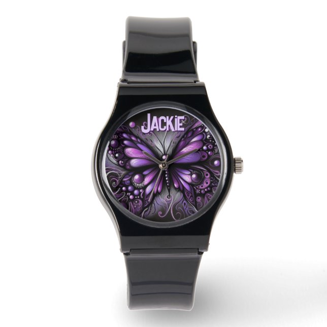 Reloj De Pulsera Whimsical Gothic Butterfly Purple Personalized (Anverso)