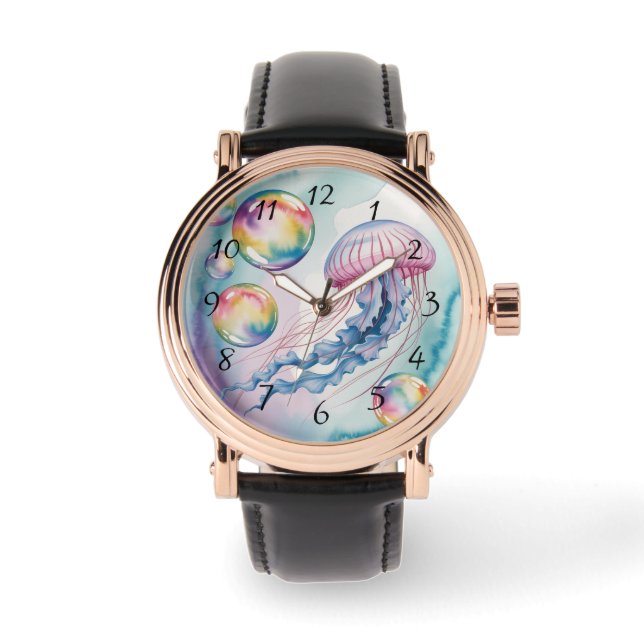 Reloj De Pulsera Whimsical Rainbow Jellyfish Watercolor Design (Anverso)