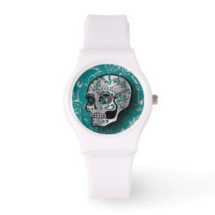 Reloj De Pulsera Whimsical Verde azulado y Silver Sugar Skull