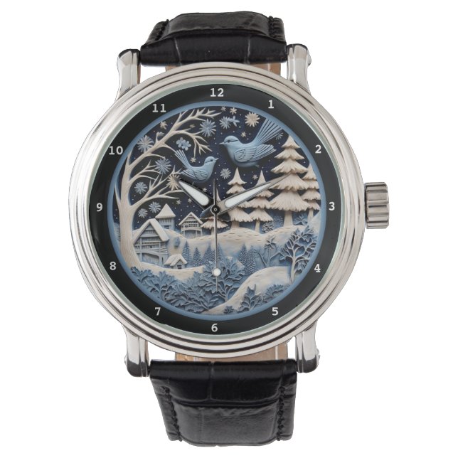 Reloj De Pulsera Whimsical Winter Holiday Birds in Forest (Anverso)