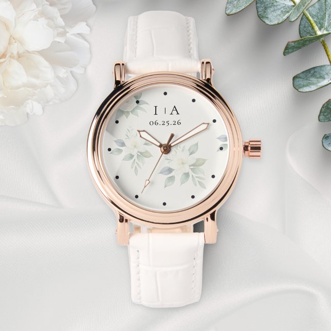Reloj De Pulsera White Flowers Elegant Personalized Couple Names (An elegant watch to personalize with the couple's initials and wedding date)
