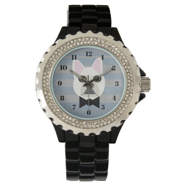 Reloj De Pulsera White French Bulldog, Stripes (Anverso)