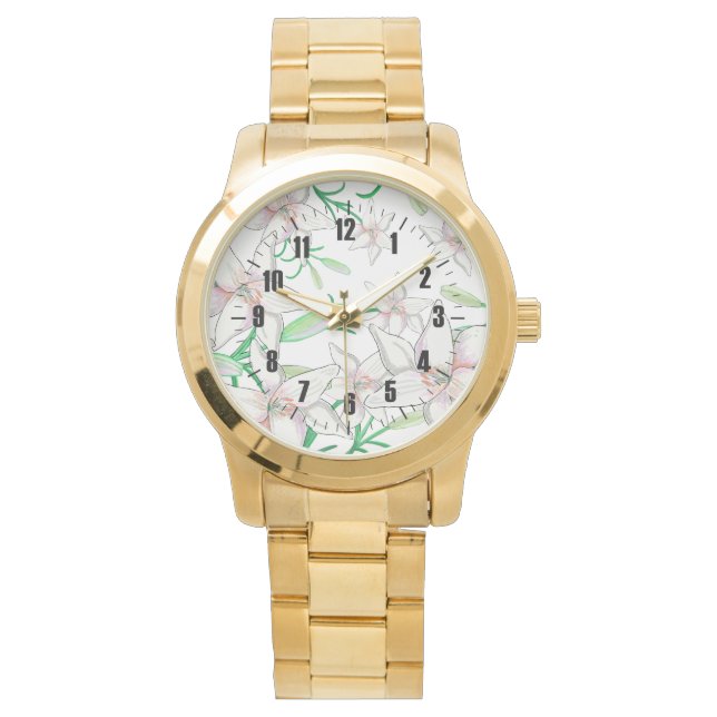 Reloj De Pulsera White Lilies Ilustracion Gold (Anverso)
