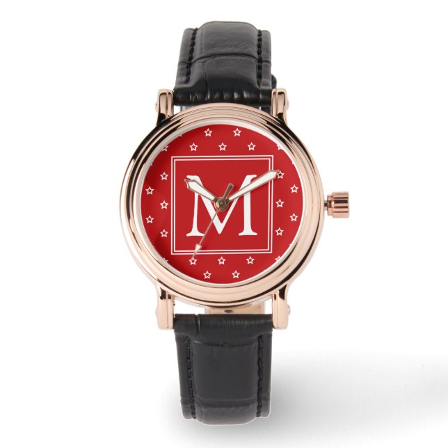 Reloj De Pulsera White Stars Pattern on Bright Red Monogram (Anverso)
