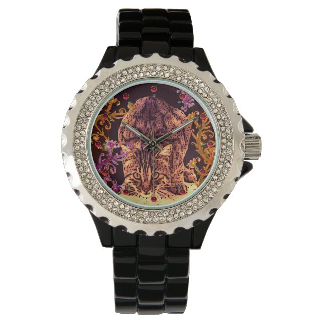Reloj De Pulsera WILD CAT KITTEN Yellow Red Pink Floral Swirls (Anverso)