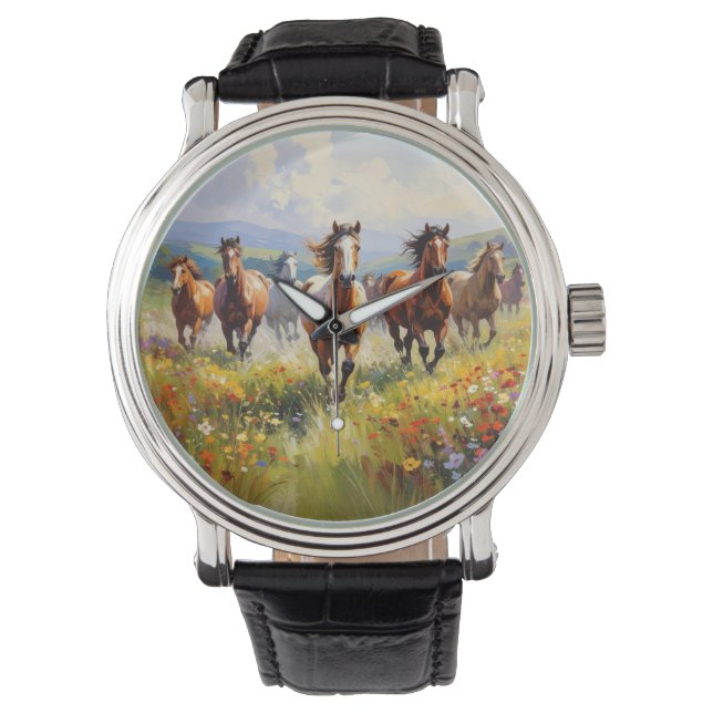 Reloj De Pulsera Wild Horses Running in a Wildflower Meadow (Anverso)