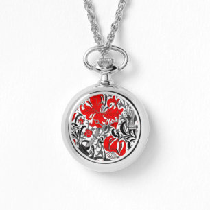 Reloj De Pulsera William Morris Iris y Lily, Negro, Blanco y Rojo