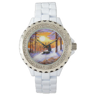 Reloj De Pulsera Winter Black Cats Snowy Forest Creationarts