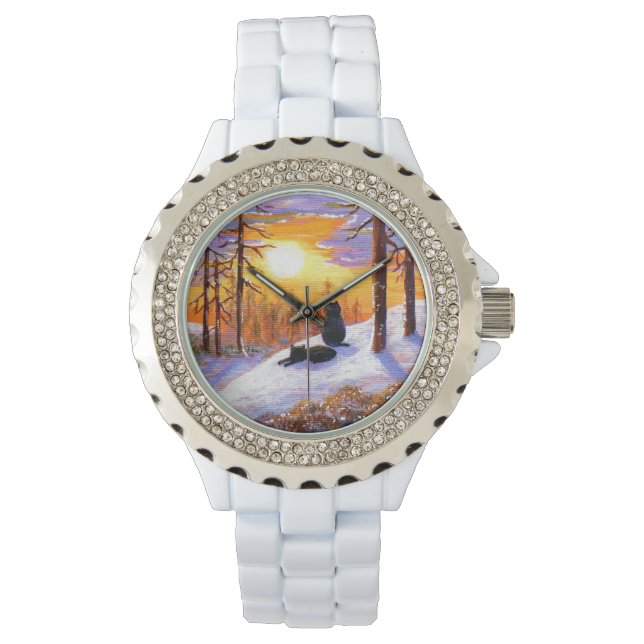 Reloj De Pulsera Winter Black Cats Snowy Forest Creationarts (Anverso)
