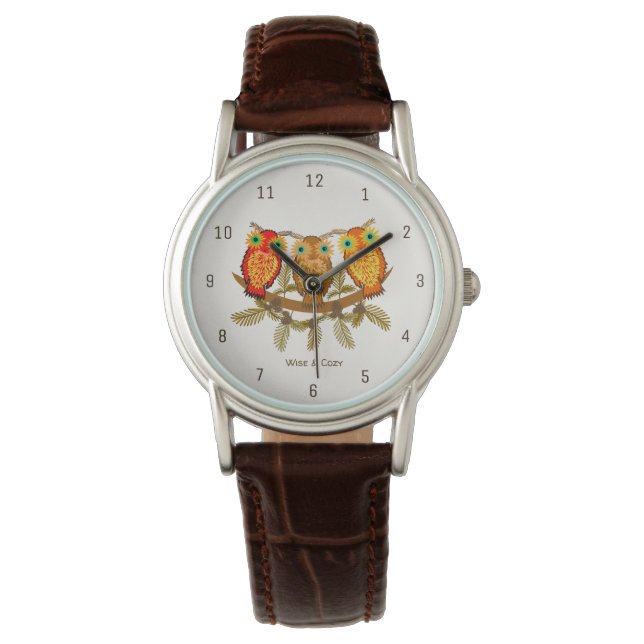 Reloj De Pulsera Wise & Cozy – Arte de Tres Búhos Naranjas (Anverso)