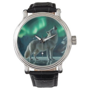 Reloj De Pulsera Wolf Howling Under the Northern Lights