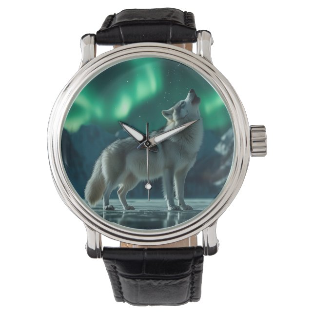 Reloj De Pulsera Wolf Howling Under the Northern Lights (Anverso)